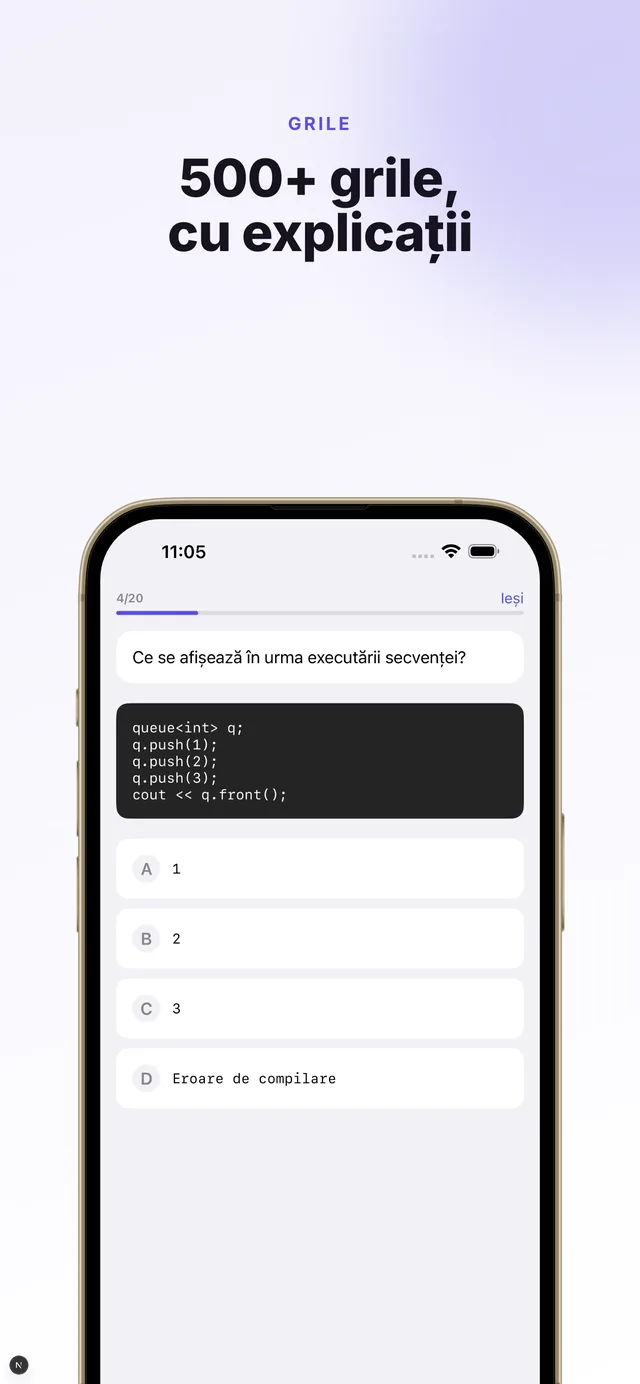 Grilă BAC cu fragment de cod C++ și explicații