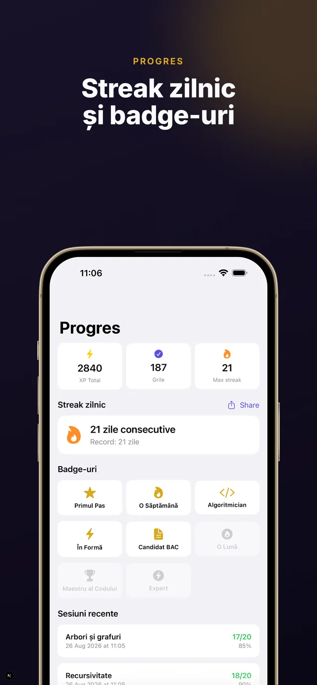 Progres — streak, XP și badge-uri