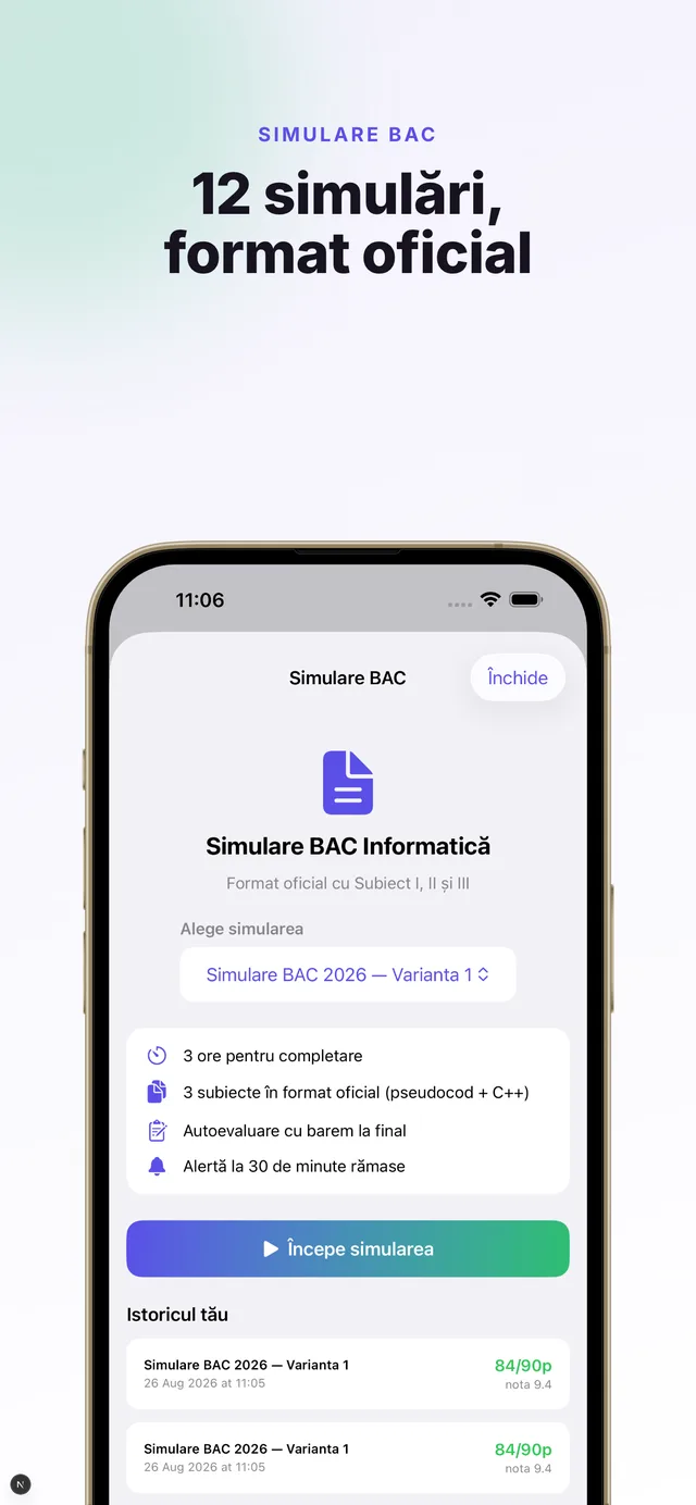 Simulare BAC în format oficial, cu istoric de note